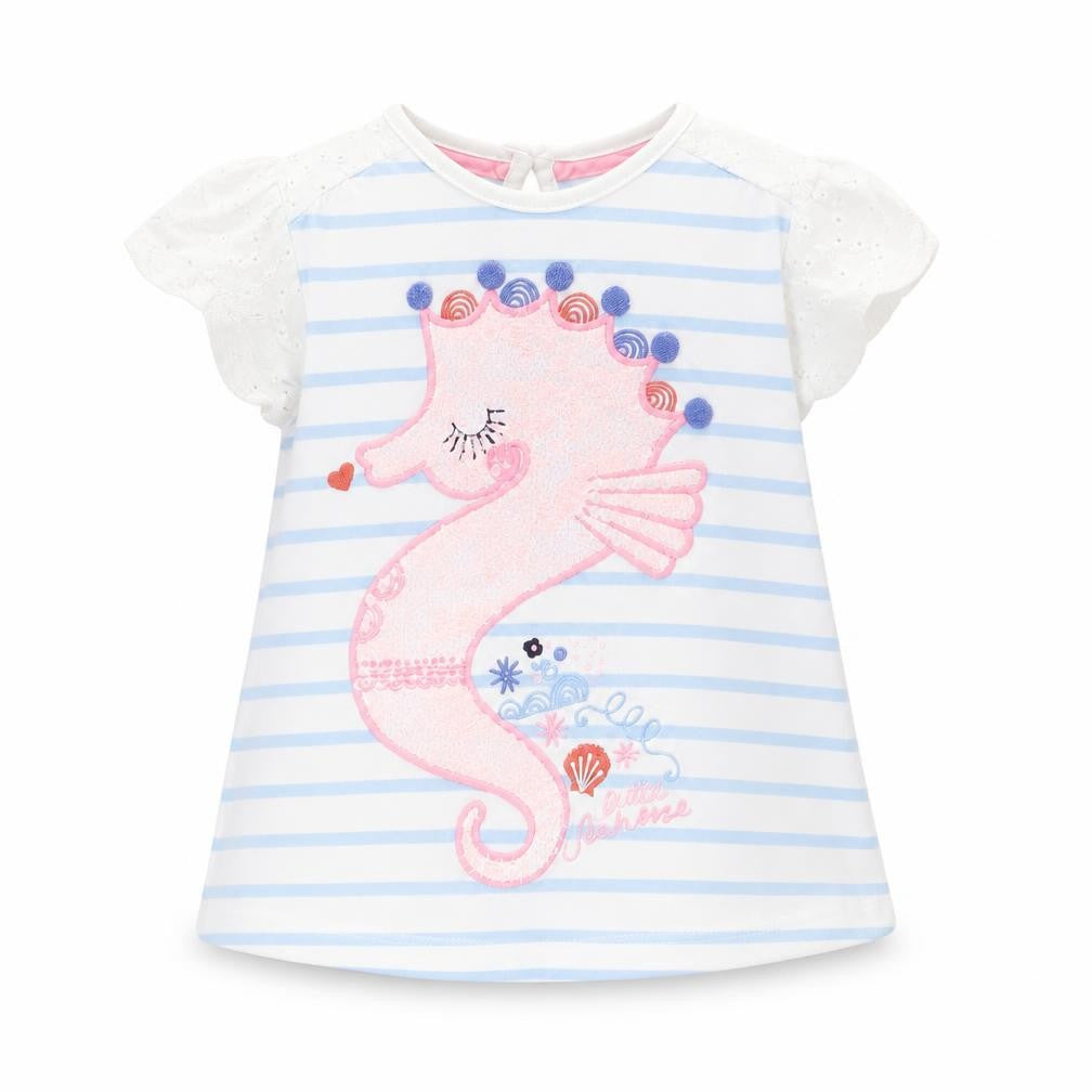 Front view of Tu girls’ blue striped basic t-shirt, size 9-12, months