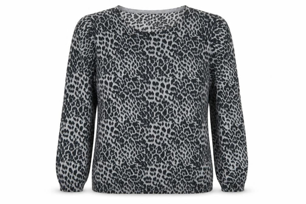 Front view of Primark women’s grey animal print knit jumper, size UK 12