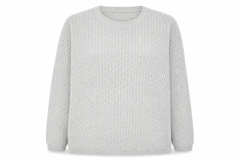 Front view of Isle women’s grey knit jumper, size UK 18