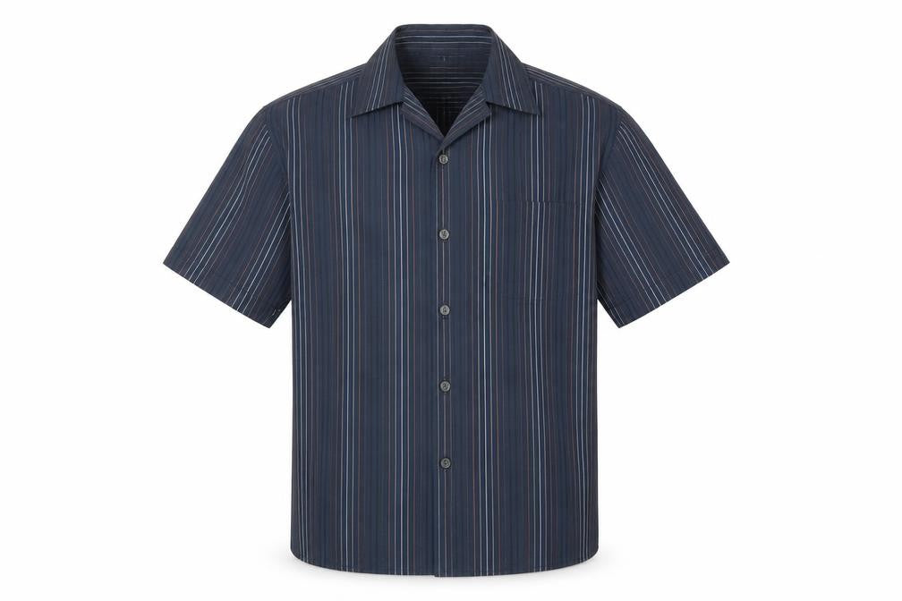 Front view of Springfield men’s blue striped button-up, size L