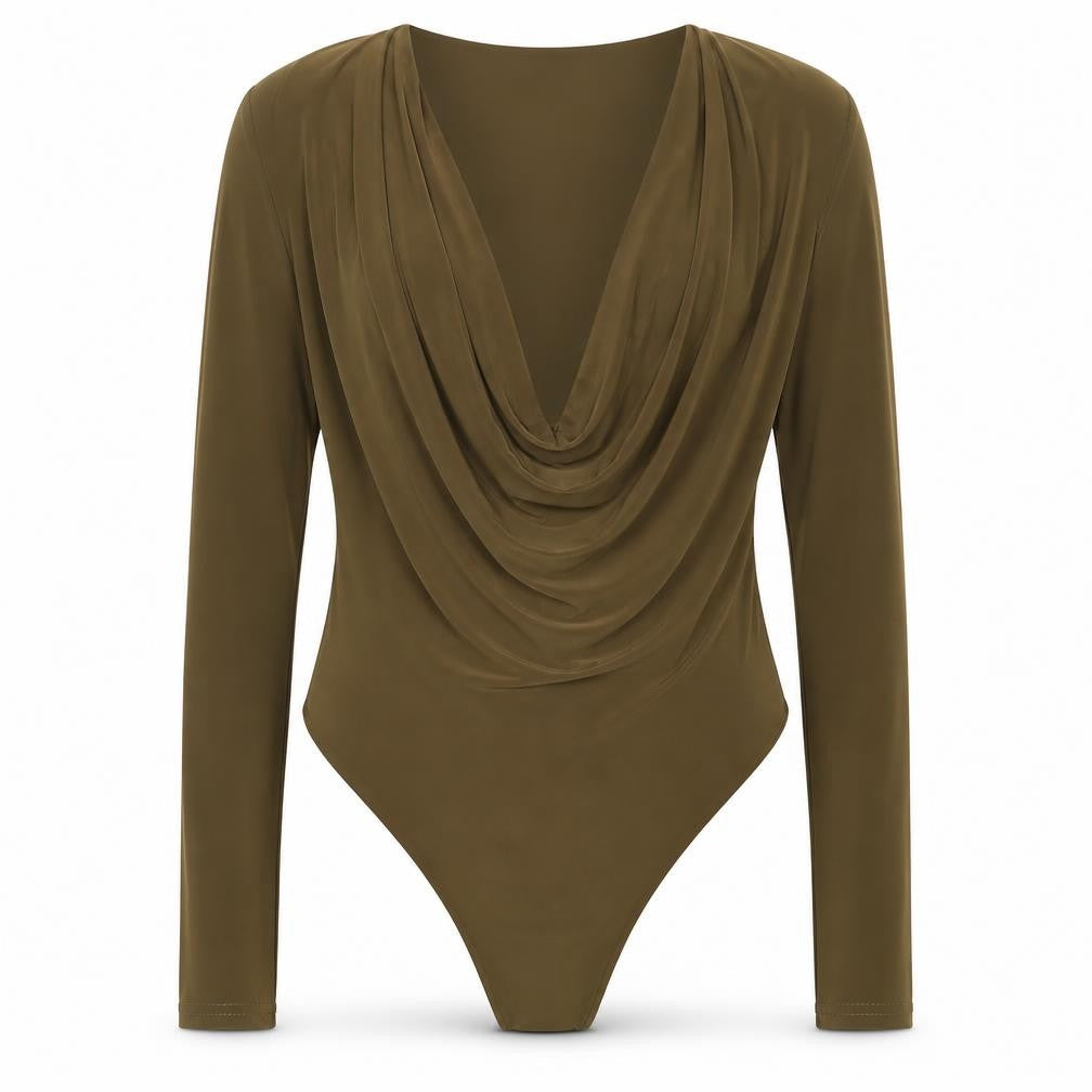 Front view of PRETTYLITTLETHING women’s brown bodysuit one-piece, size UK 12, - khaki