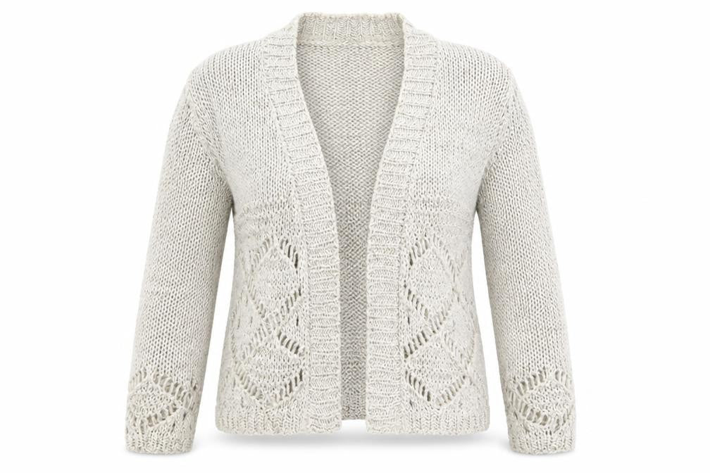 Front view of Per Una women’s beige knit cardigan jumper, size M