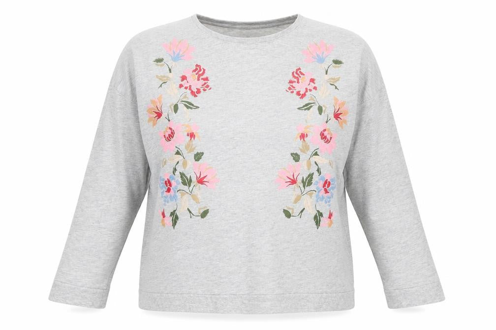Front view of Be You women’s grey floral pullover sweatshirt, size UK 16