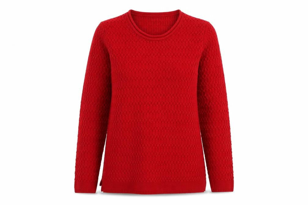 Front view of Isle Essentials women’s red knit jumper, size M