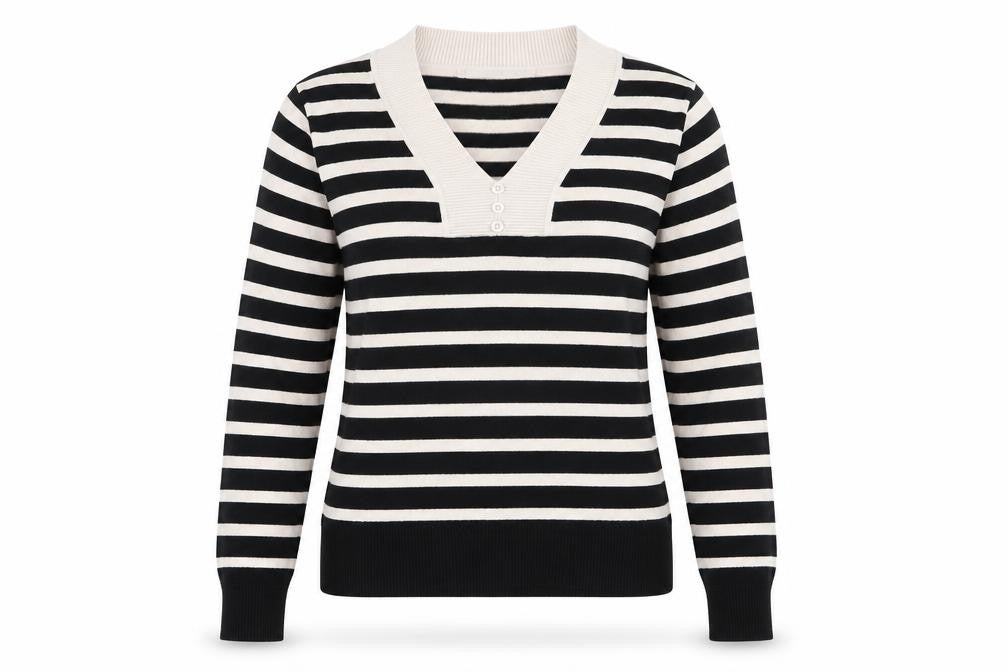 Front view of Emreco women’s multicoloured striped jumper, size UK 10