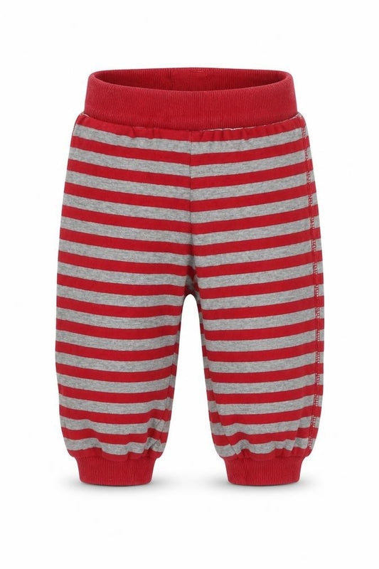 Front view of H&M boys’ red striped jersey jogger trousers, size 3-6, months