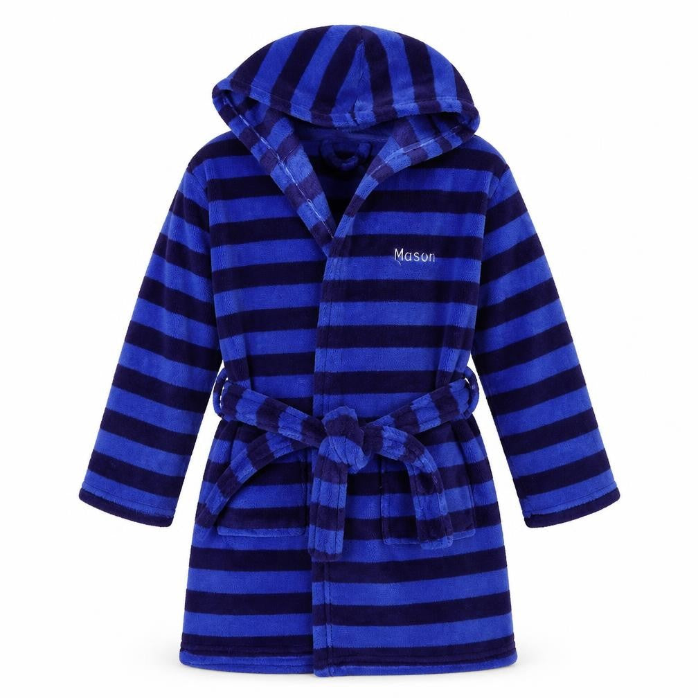 Front view of Preworn boys’ blue striped microfibre robe, size 6-7, years