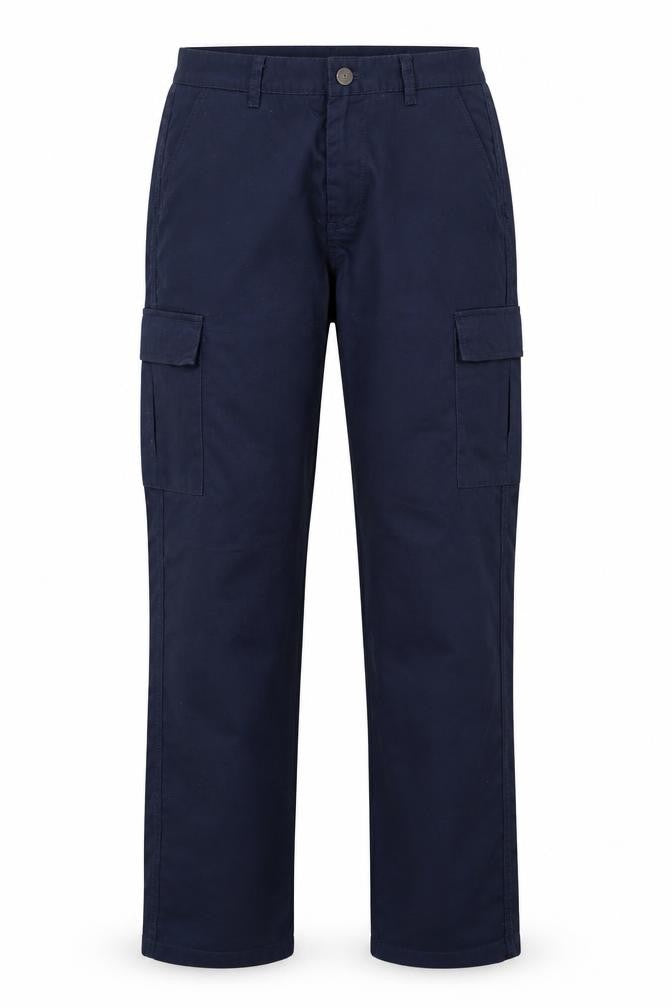 Front view of Uneek women’s blue jersey trousers, size UK 12, 29-inch leg