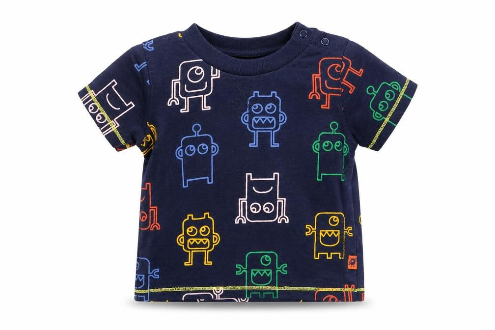 Front view of Primark boys’ multicoloured animal print basic t-shirt, size 6-9, months