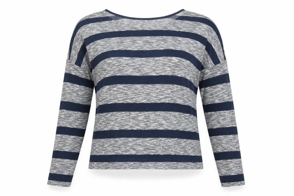 Front view of Marks & Spencer women’s blue striped knit jumper, size UK 12