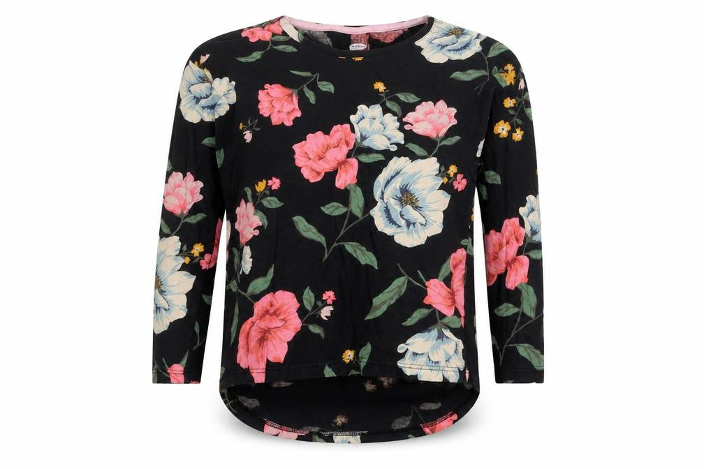 Front view of Old Navy women’s black floral basic t-shirt, size UK 8