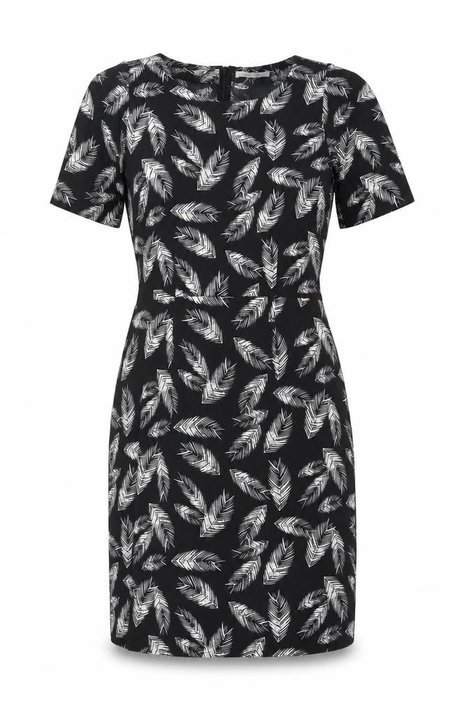 Front view of Trollied dolly women’s black shift, size L, - feather print