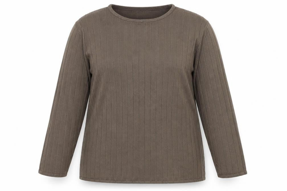 Front view of exceptional woman women’s brown striped knit jumper, size UK 12