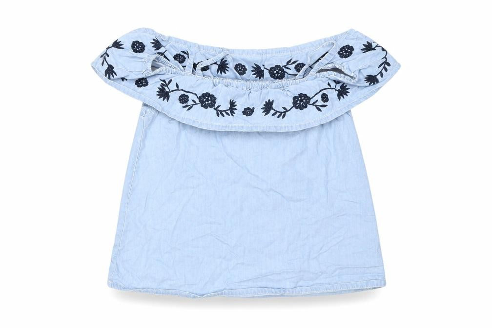 Front view of Miss evie girls’ blue floral basic tank, size 10, years
