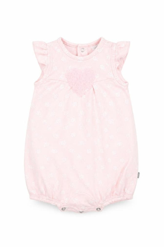 Front view of Petti lem girls’ pink floral babygrow one-piece, size 6-9, months