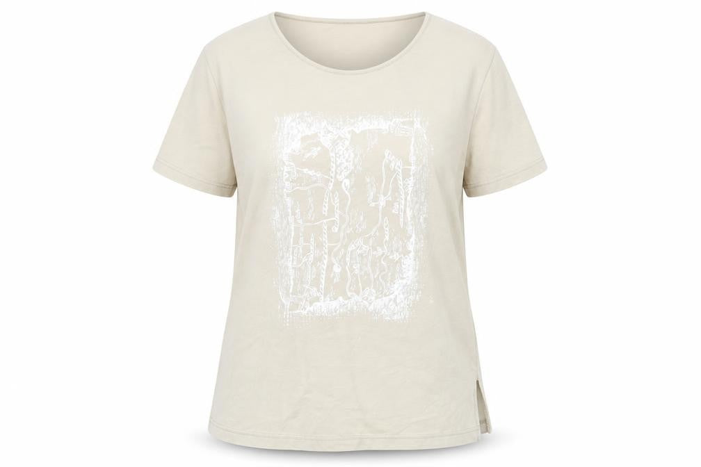 Front view of ELVI women’s beige basic t-shirt, size L