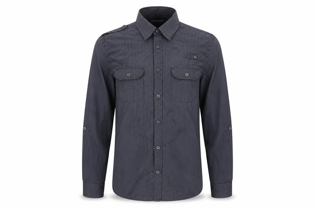 Front view of F&F men’s black striped button-up, size S