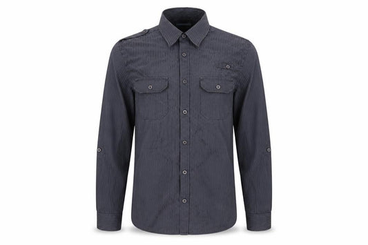 Front view of F&F men’s black striped button-up, size S