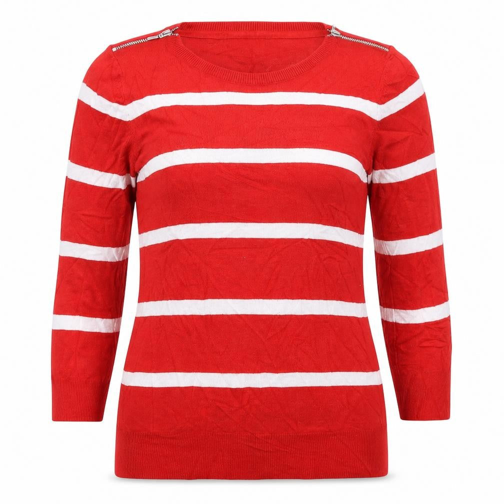 Front view of Debenhams women’s red striped knit jumper, size UK 10