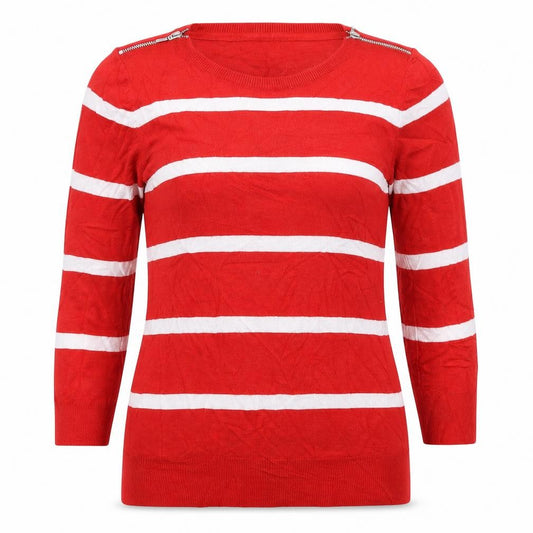 Front view of Debenhams women’s red striped knit jumper, size UK 10