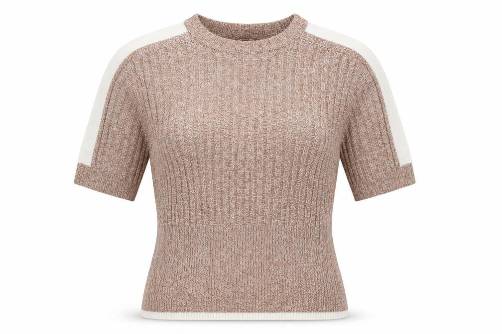Front view of Marks & Spencer women’s beige knit jumper, size UK 12