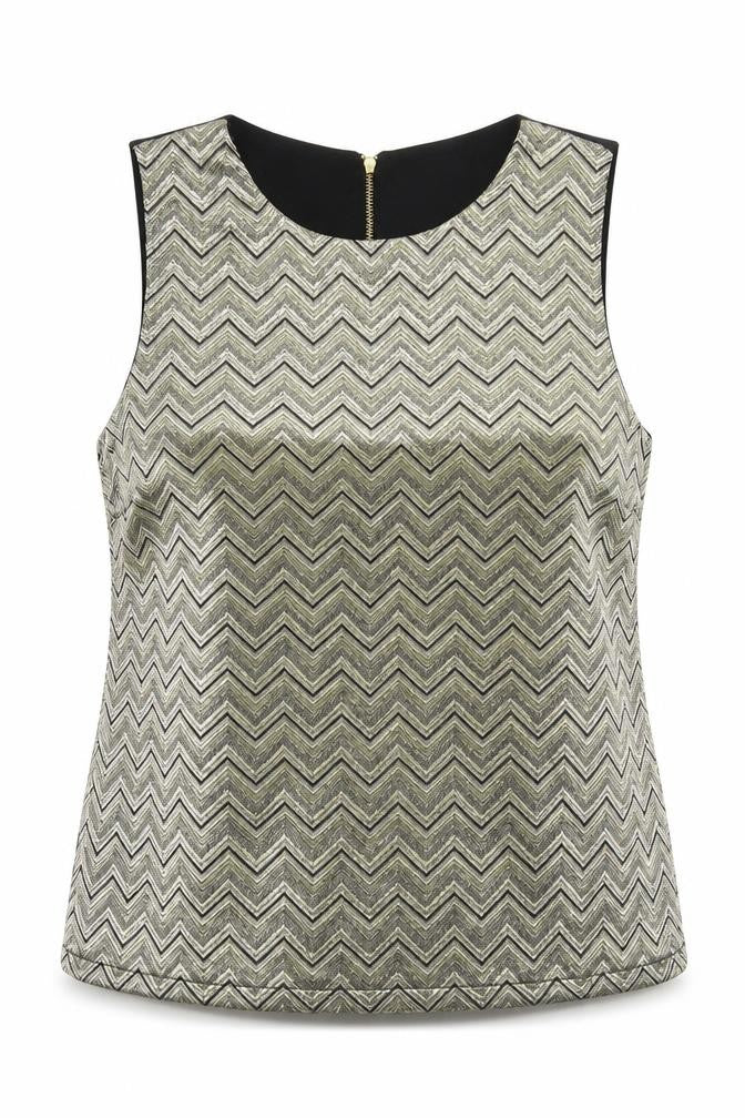 Front view of Warehouse women’s gold geometric basic tank, size UK 12