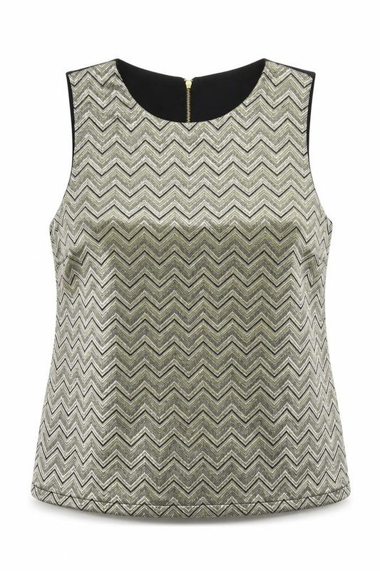 Front view of Warehouse women’s gold geometric basic tank, size UK 12