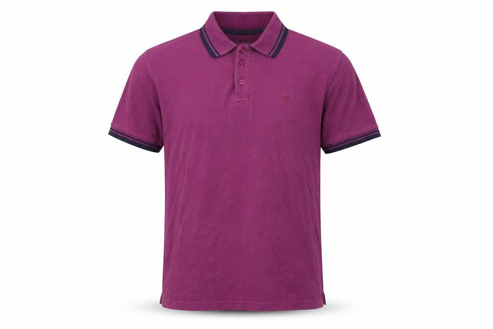 Front view of EWM men’s pink polo, size M