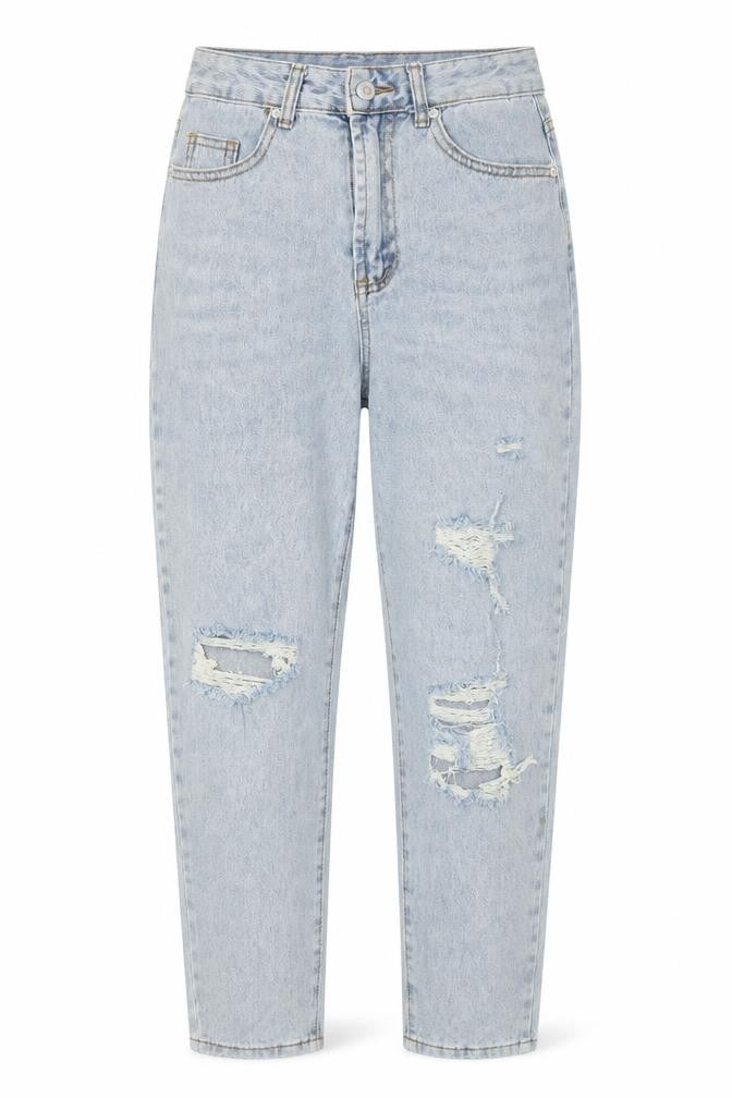 Front view of SHEIN women’s blue denim mom jeans, size S, 27-inch leg