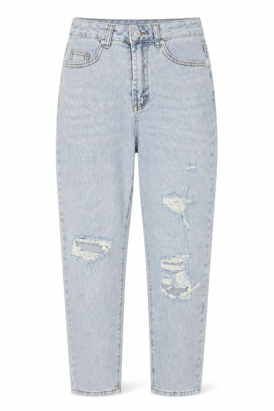 Front view of SHEIN women’s blue denim mom jeans, size S, 27-inch leg