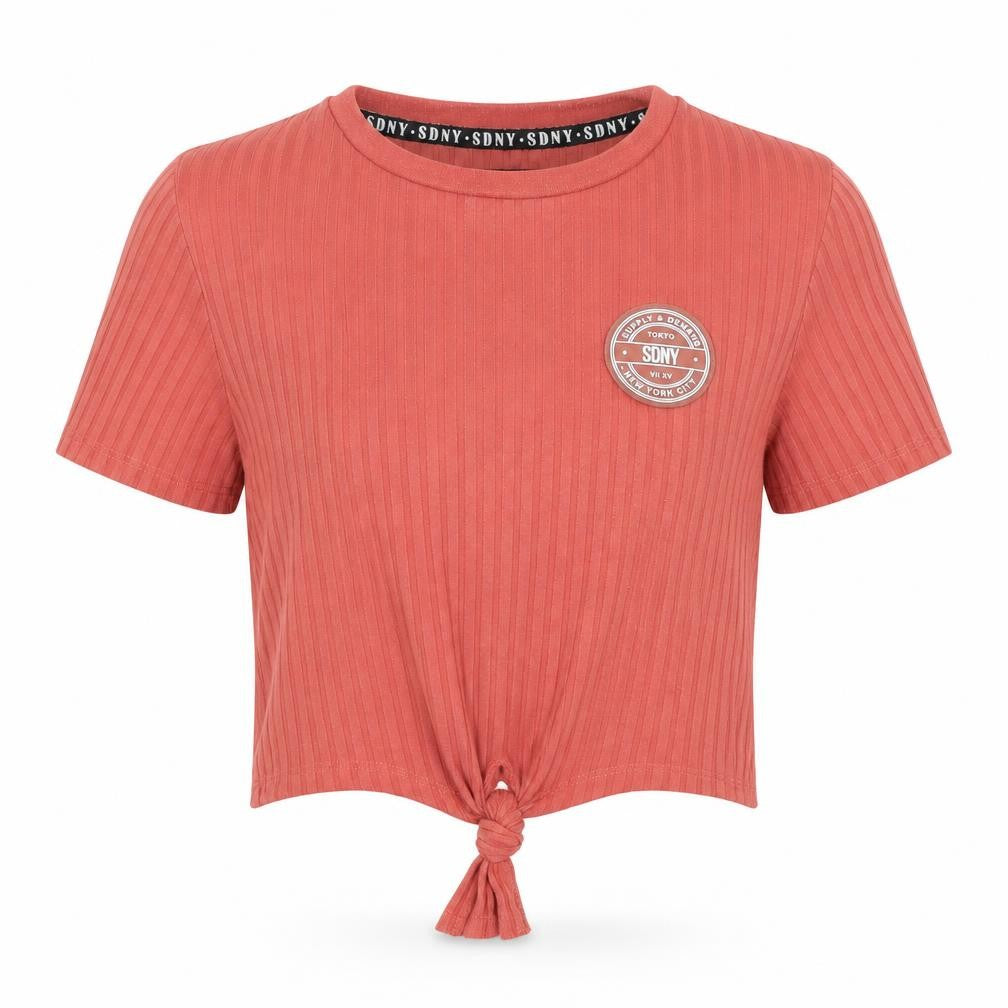 Front view of SDNY women’s pink cropped t-shirt, size UK 4