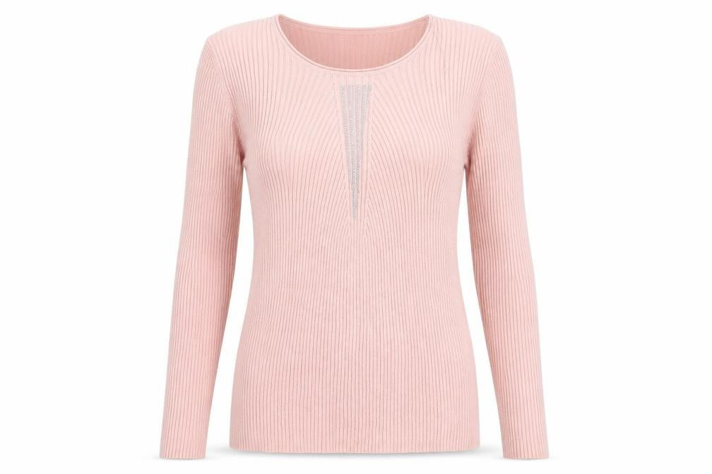 Front view of Hepburn women’s pink henley jumper, size L