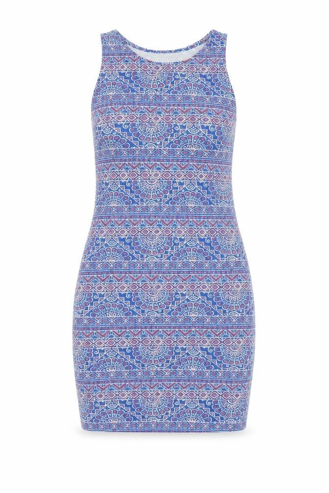 Front view of New Look women’s blue fair isle mini, size UK 8