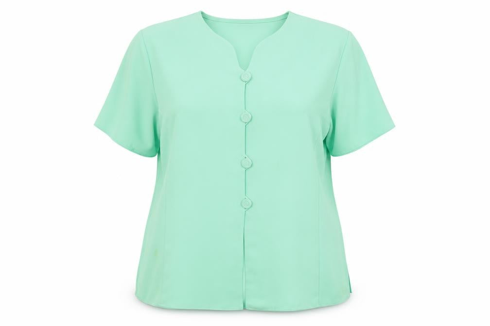 Front view of Gypsy Rose women’s green basic blouse, size UK 20, - shoulder pads
