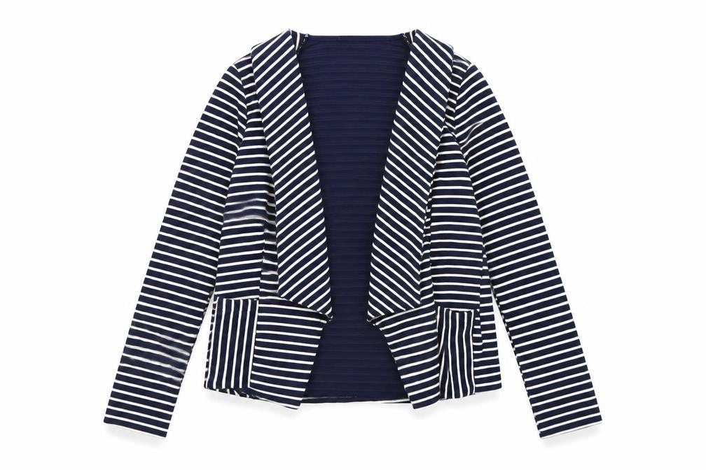 Front view of Lakeland women’s blue striped jacket, size M