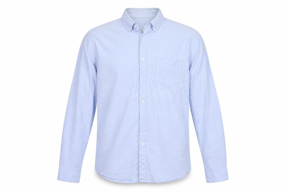 Front view of Cedarwood State men’s blue button-up, size M