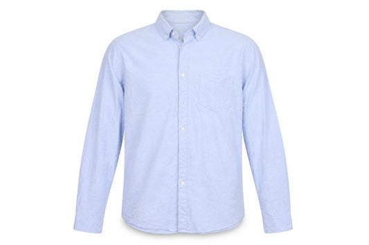 Front view of Cedarwood State men’s blue button-up, size M