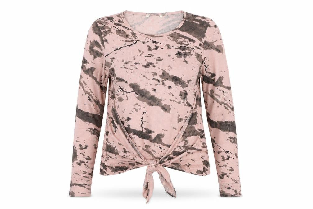Front view of women’s pink geometric pullover hoodie, size UK 14