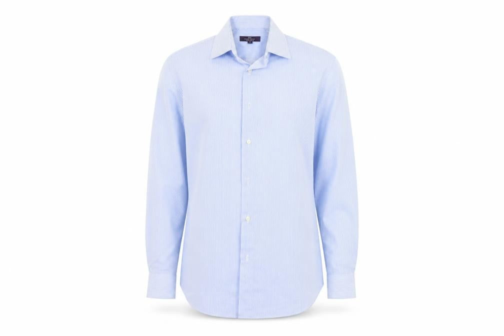 Front view of Tailor & Cutter men’s blue striped polo, size 15