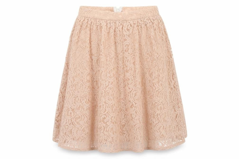 Front view of Boohoo women’s beige a-line skirt, size UK 14