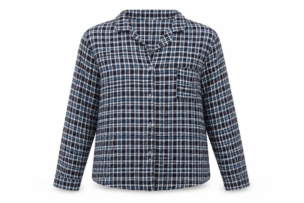 Front view of Sleep Well women’s blue check basic button-up, size UK 10