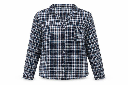 Front view of Sleep Well women’s blue check basic button-up, size UK 10