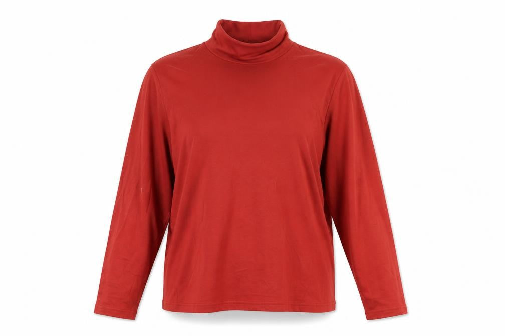 Front view of EWM women’s red basic t-shirt, size L