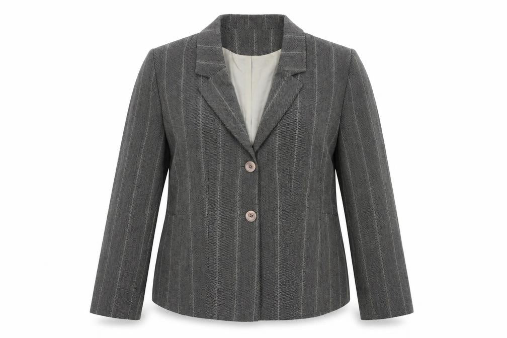Front view of endora women’s grey striped jacket suit jacket, size UK 16