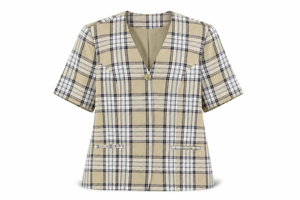 Front view of Bonmarché women’s beige check jacket suit jacket, size UK 16