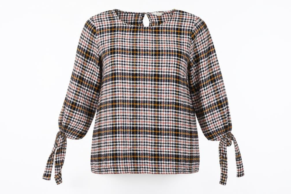 Front view of Matalan women’s yellow check basic blouse, size UK 16