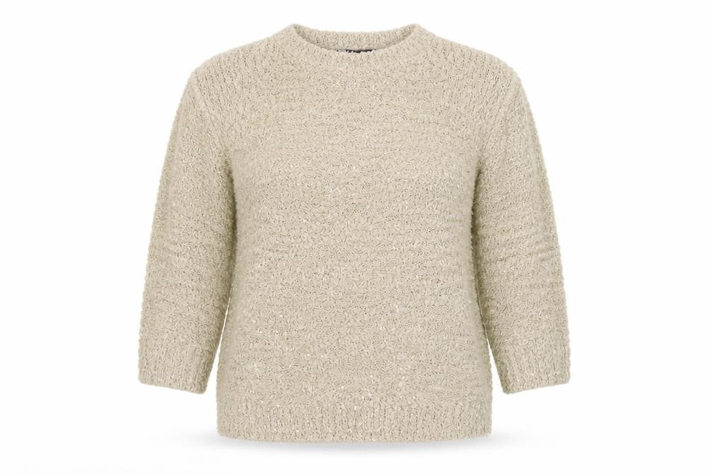 Front view of EWM women’s gold jumper, size S, - sequins