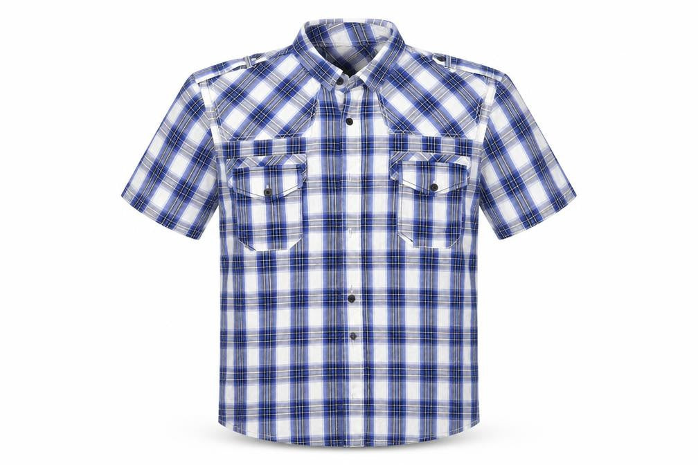 Front view of Crafted men’s blue button-up, size M