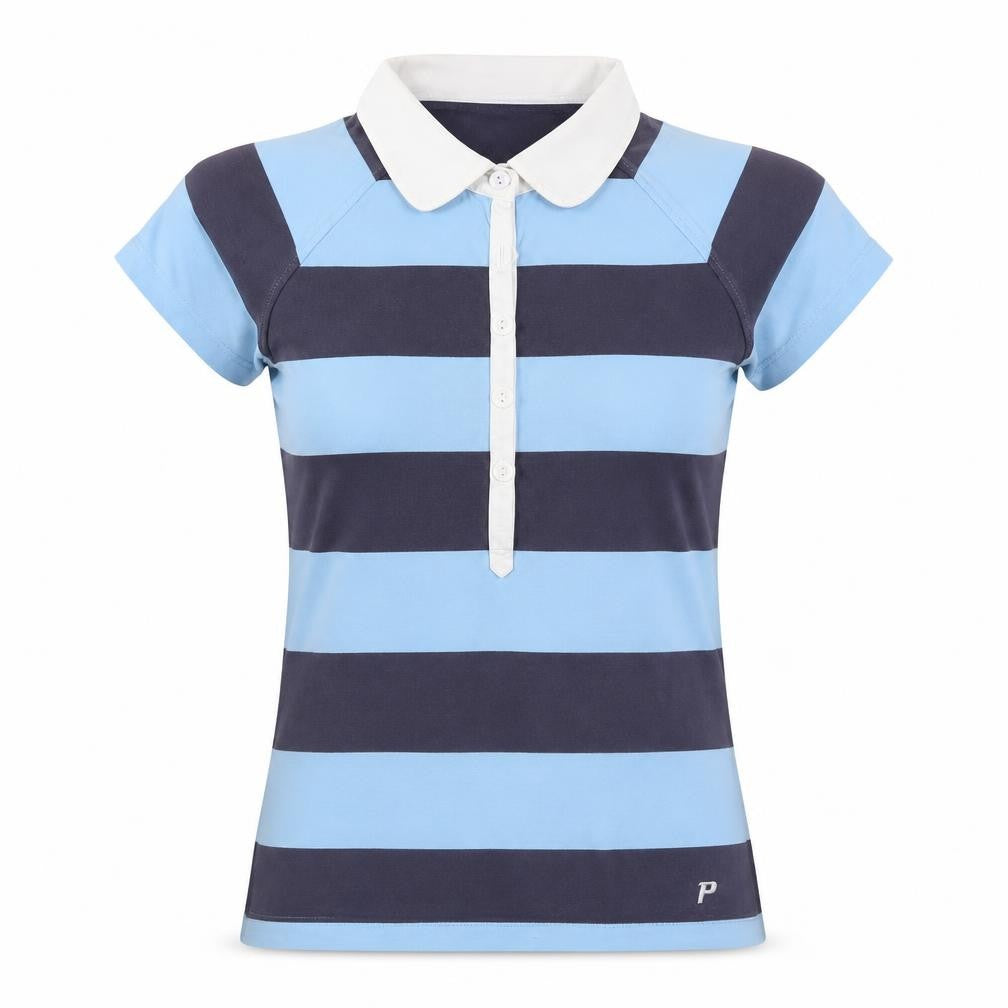 Front view of Peak Performance women’s blue striped basic t-shirt, size S
