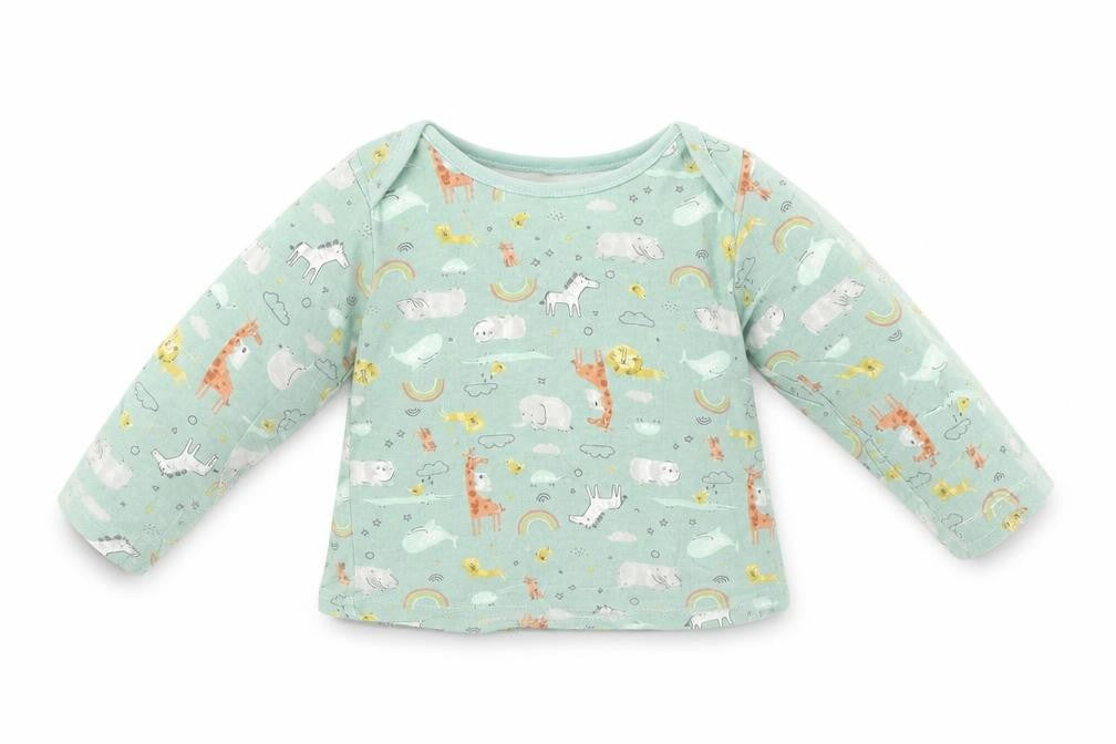 Front view of Primark boys’ green animal print basic t-shirt, size 9-12, months